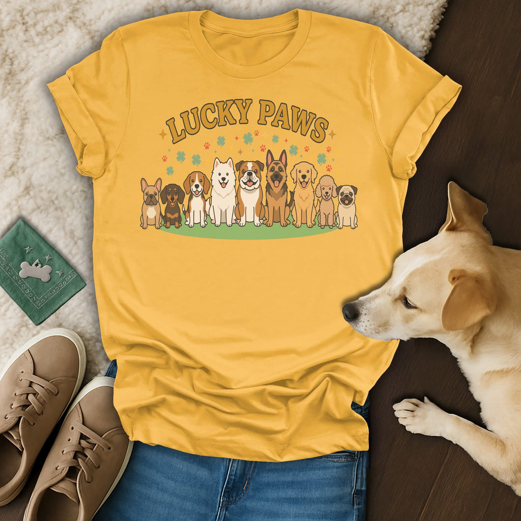 T-shirt with "Lucky Paws" text and cartoon dogs, with a dog lying next to it.