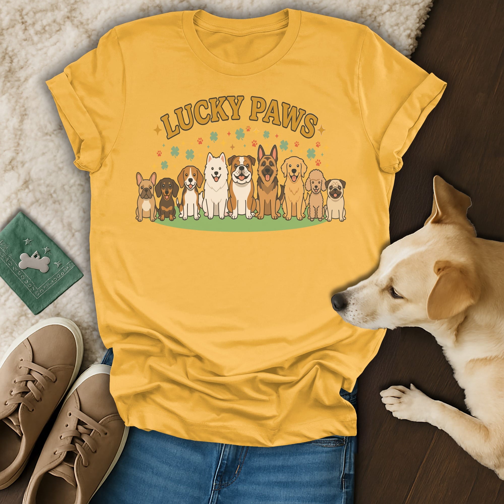 T-shirt with "Lucky Paws" text and cartoon dogs, with a dog lying next to it.