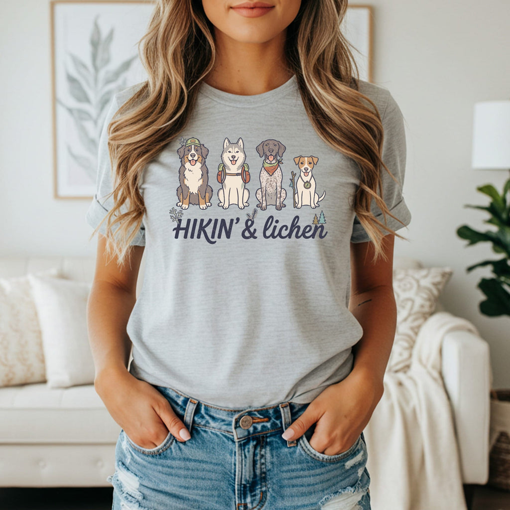 Four dogs in hiking gear with text "HIKIN' & lichen".