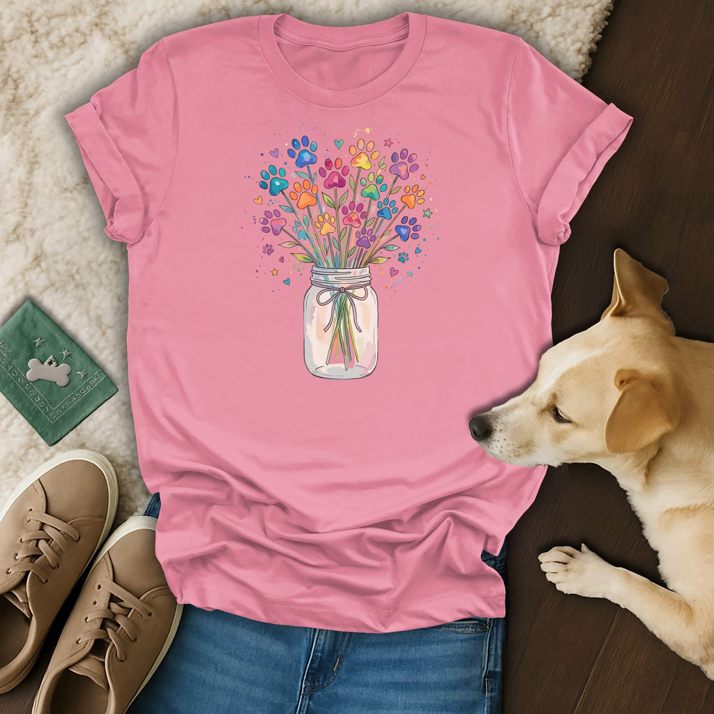 Pink t-shirt with a colorful bouquet of paw prints in a mason jar.