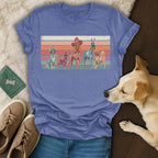 T-shirt with five cartoon dogs wearing sunglasses and hats, stripes.