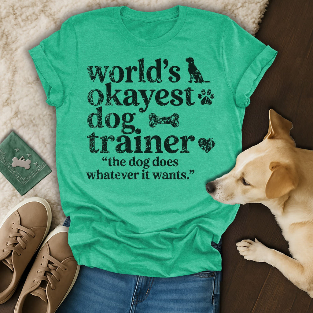 Green t-shirt with "World's Okayest Dog Trainer" text and a dog.