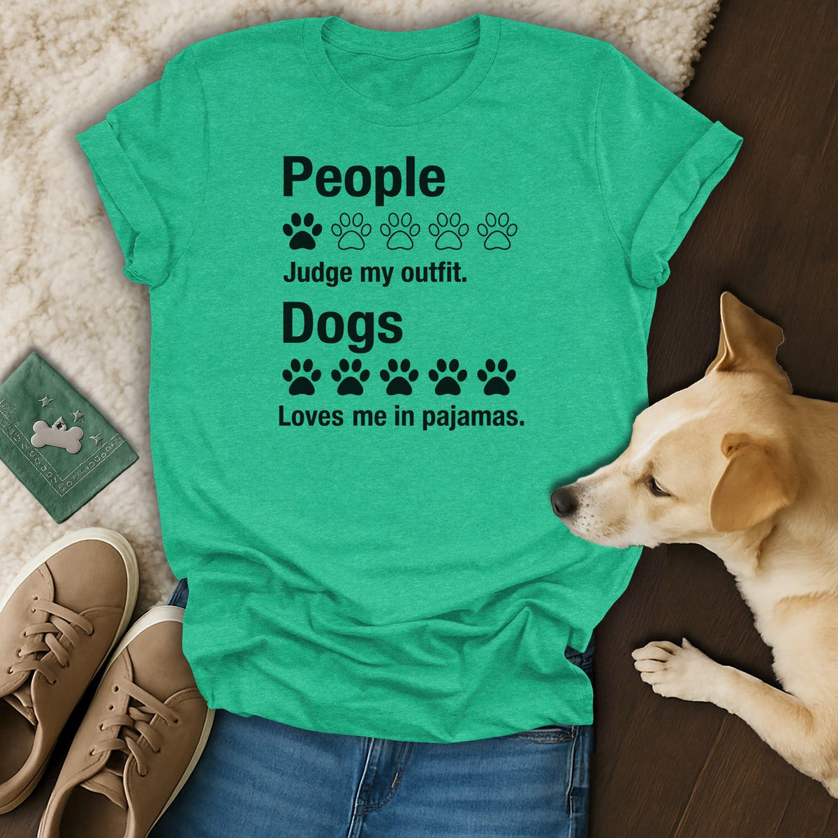 Green t-shirt with text "People Judge my outfit. Dogs Loves me in pajamas."