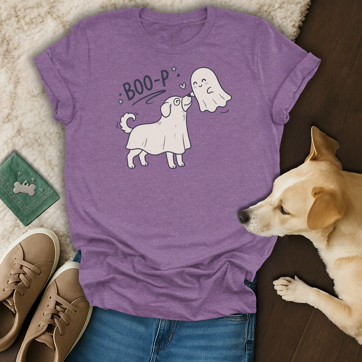 Purple t-shirt with "BOO-P" graphic of dog in ghost costume meeting a ghost.