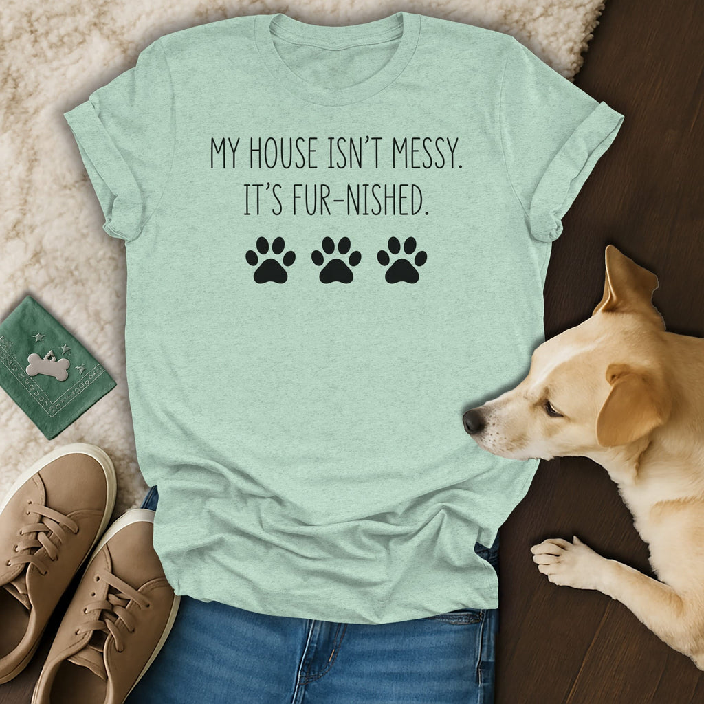 Light green t-shirt with text "MY HOUSE ISN'T MESSY. IT'S FUR-NISHED." and paw prints.