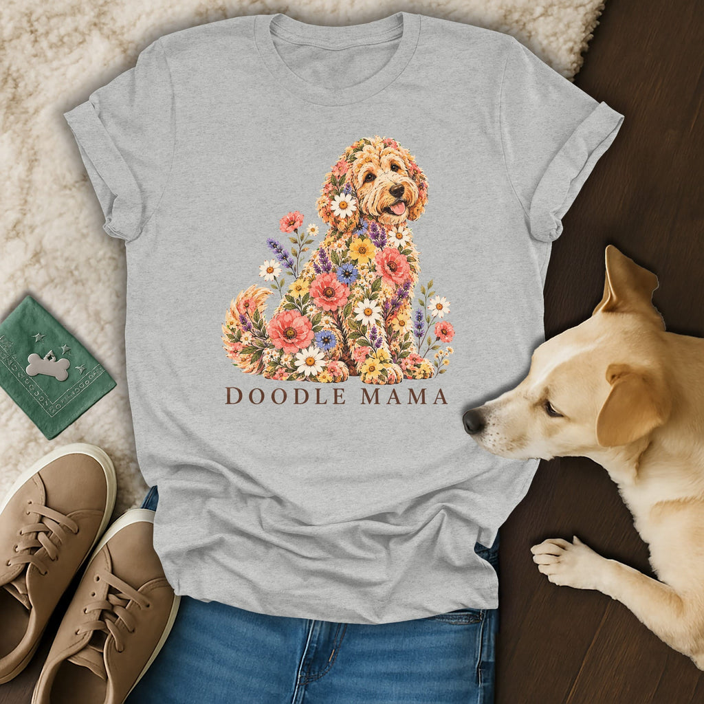 Heather gray t-shirt featuring a floral doodle dog graphic with the text DOODLE MAMA.
