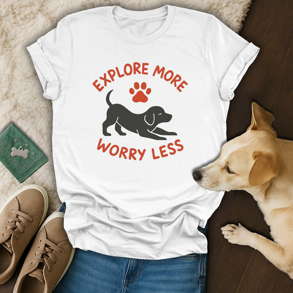 Explore More Worry Less T-shirt with Playful Dog Design