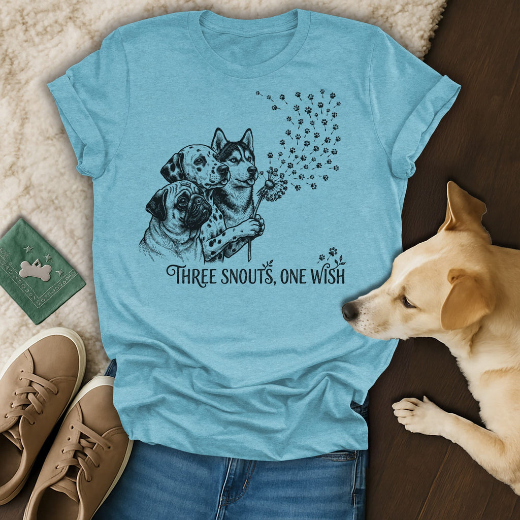 Three dogs, pug, dalmatian, husky, blow dandelion for three wishes.