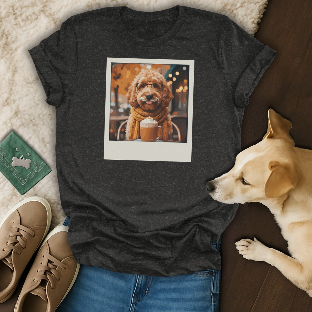 Dark gray t-shirt with a graphic of a dog wearing glasses and a scarf, holding a drink.