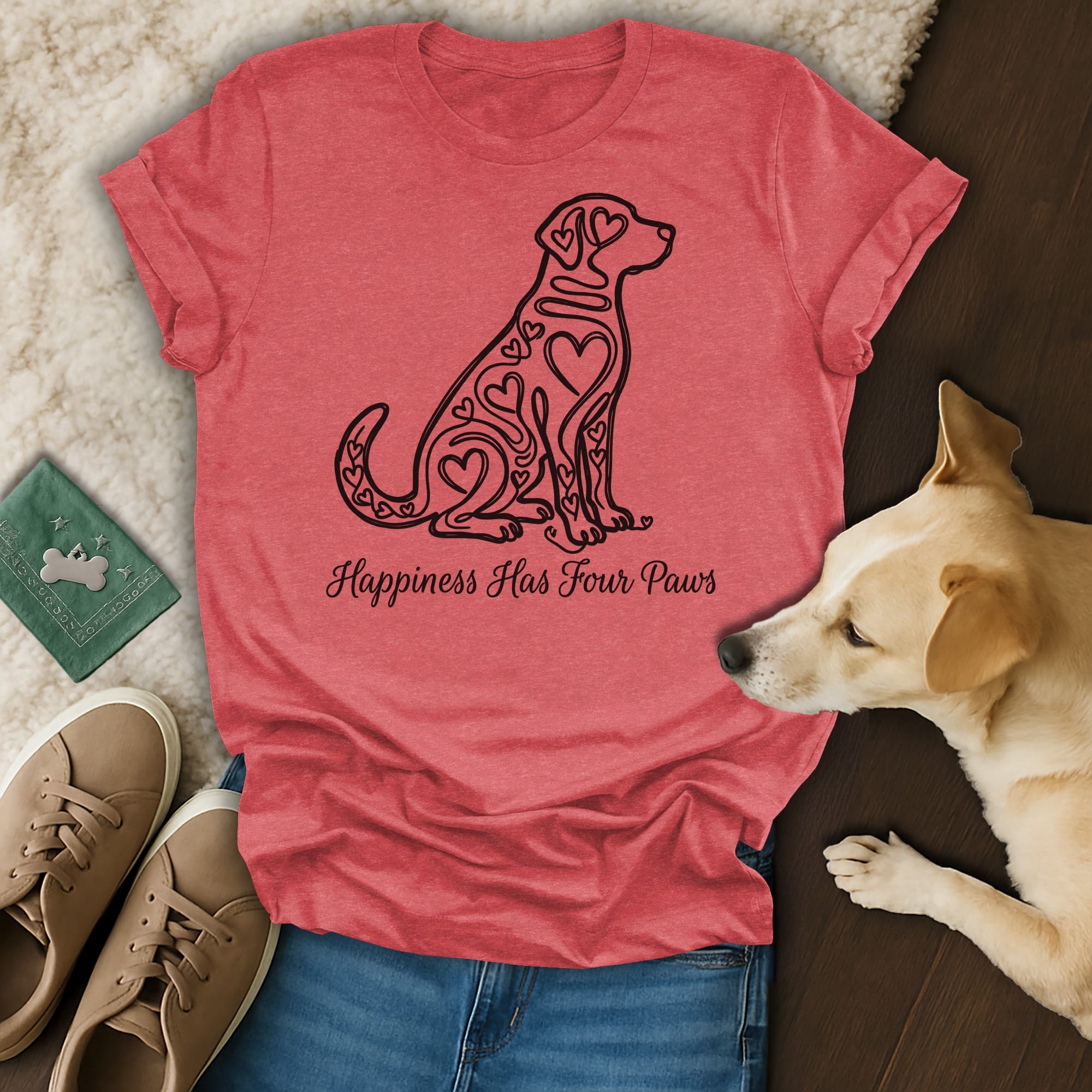 Red t-shirt with a dog outline filled with hearts, "Happiness Has Four Paws" text.