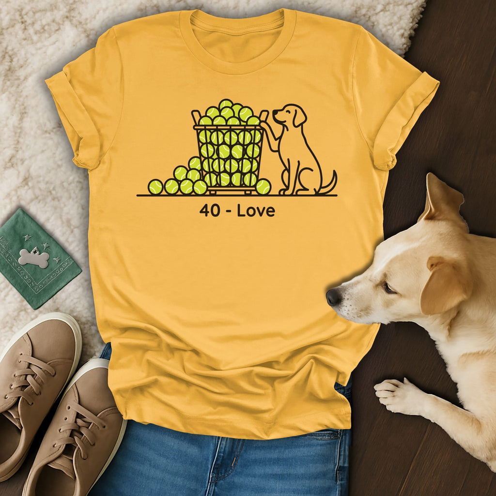 Yellow t-shirt with dog and tennis balls, "40 - Love" text.