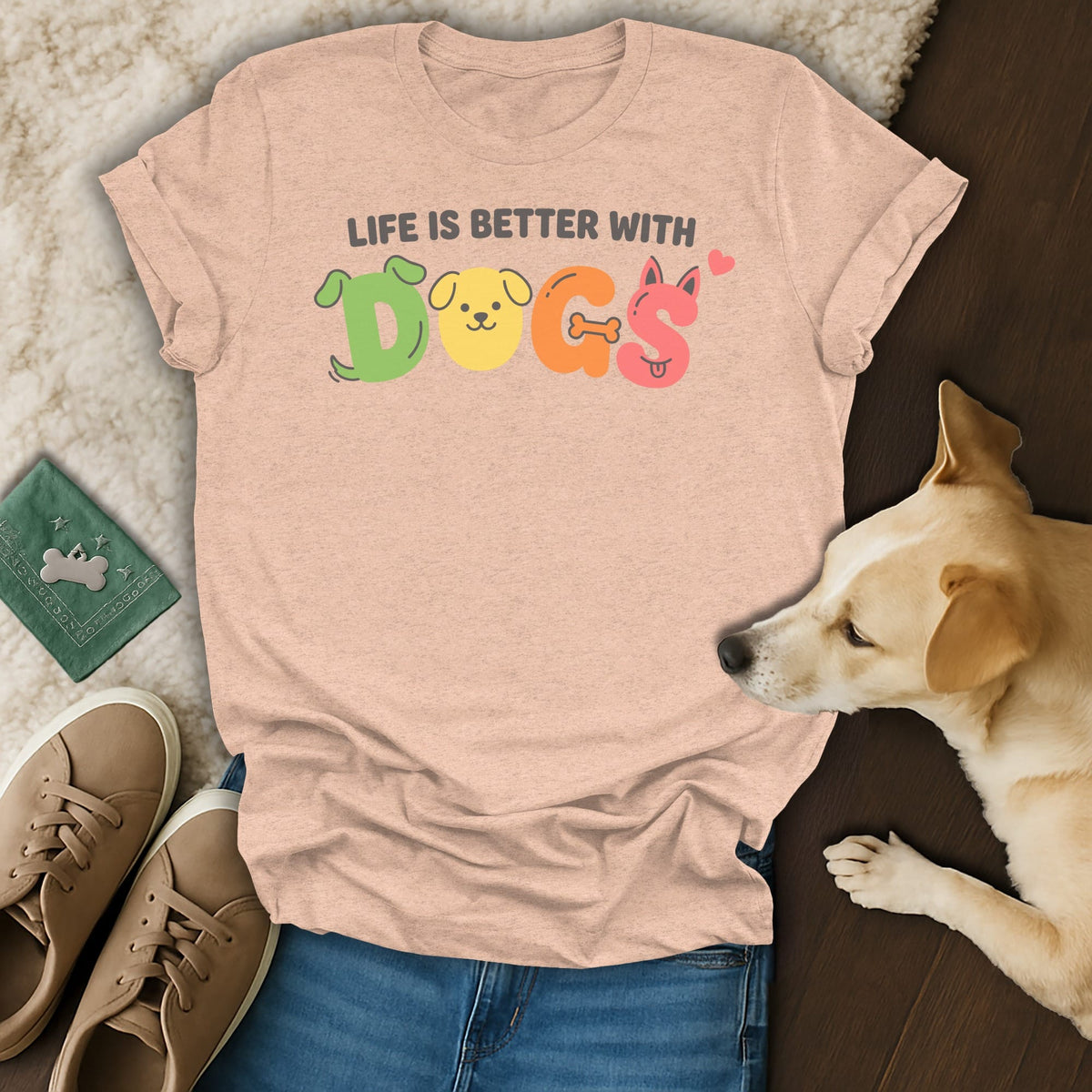 Peach t-shirt with "Life is Better With Dogs" text in colorful cartoon letters.