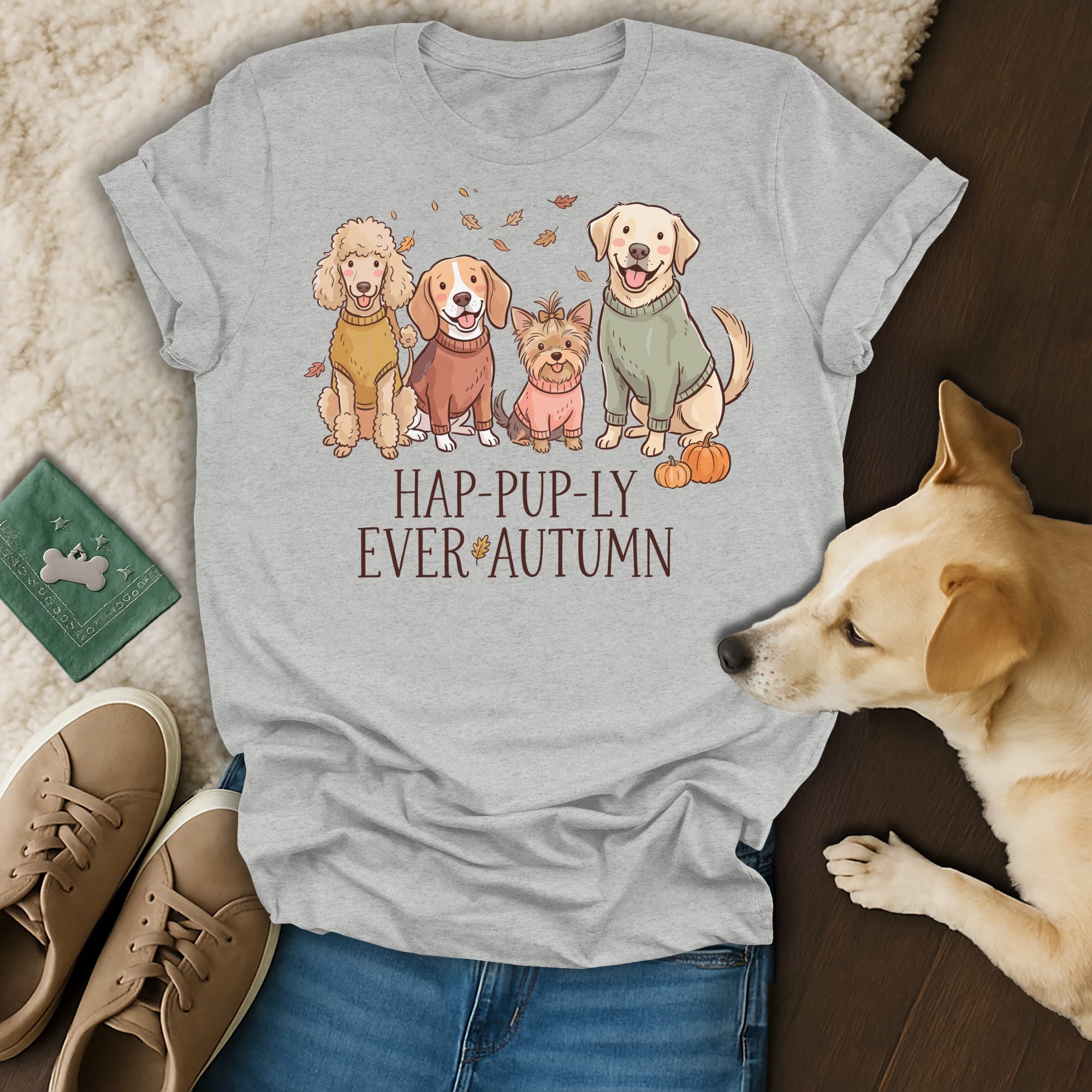 Grey t-shirt with cartoon dogs and text "HAP-PUP-LY EVER AUTUMN".