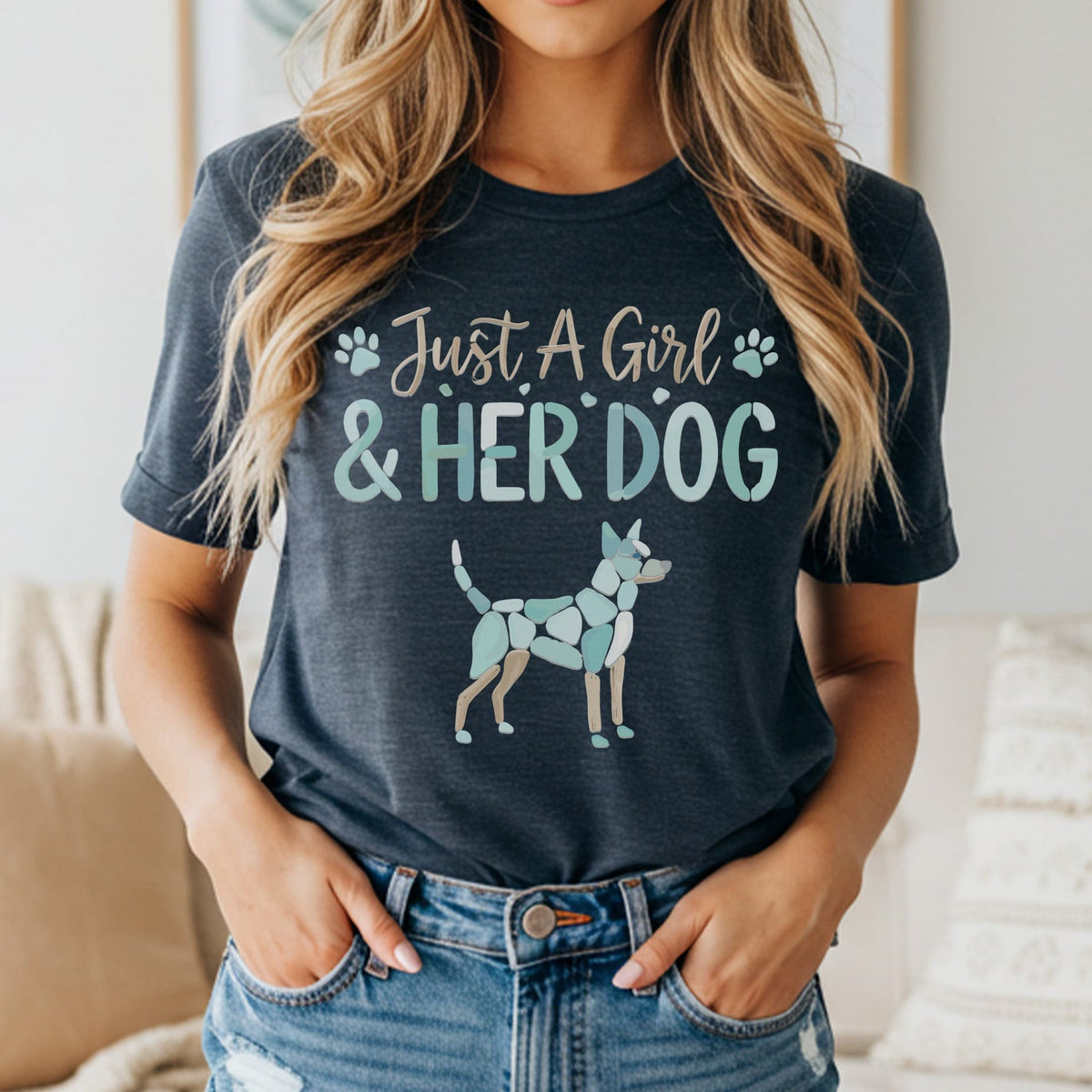 Dark grey t-shirt with "Just A Girl & Her Dog" text and a mosaic dog graphic.