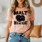 Peach t-shirt with "MALT INTO MY HEART" and a fluffy dog illustration.