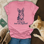 Pink t-shirt with Corgi drawing and text "Doing my best-ish...Squirrel!".