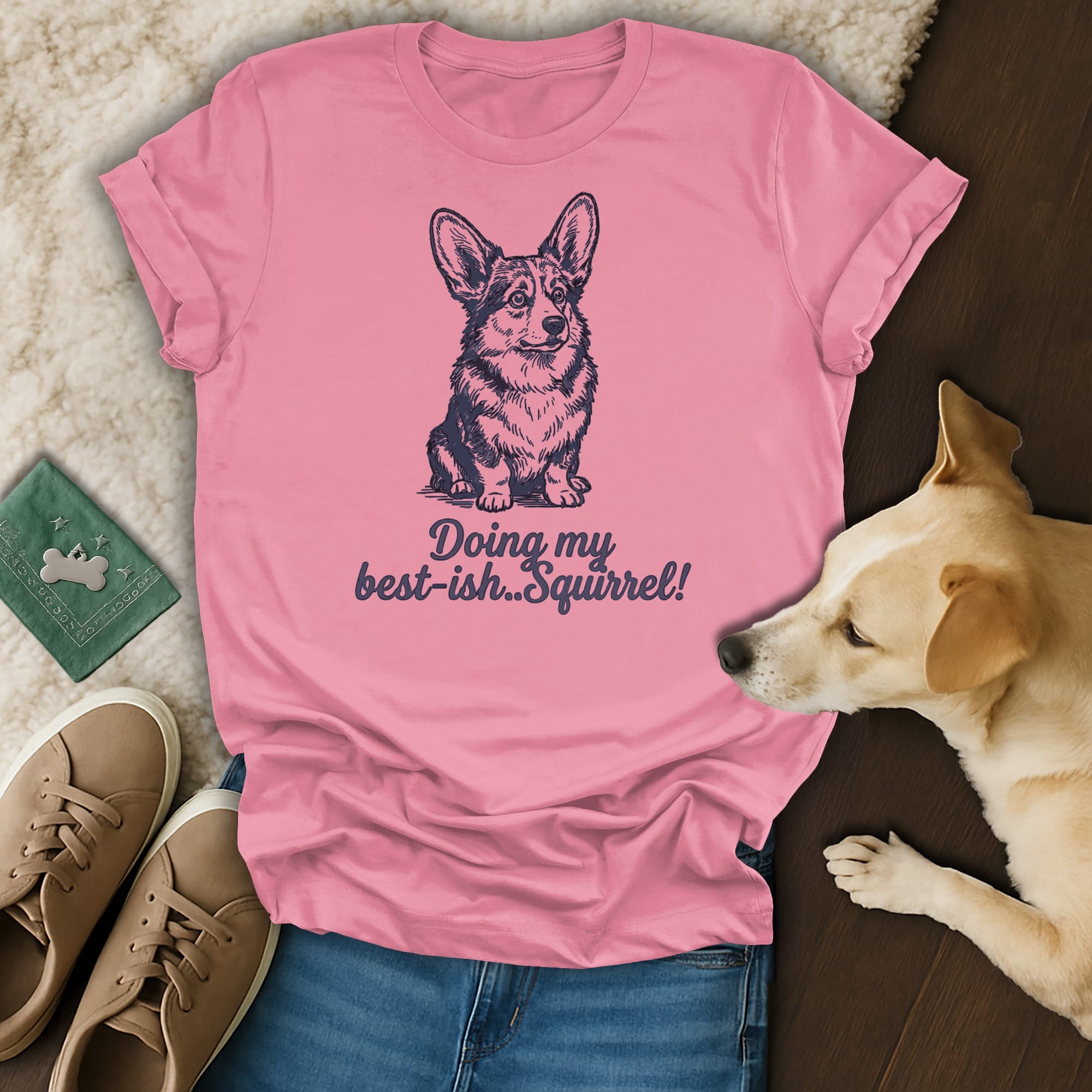 Pink t-shirt with Corgi drawing and text "Doing my best-ish...Squirrel!".