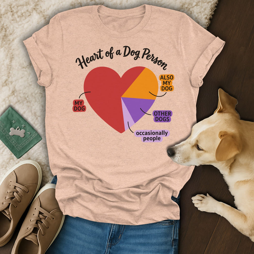 T-shirt with "Heart of a Dog Person" text and pie chart graphic about dogs.