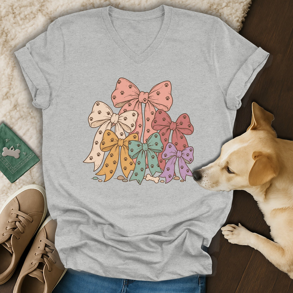Grey V-neck t-shirt featuring a graphic of colorful bows printed with paw prints, laid out with a dog and sneakers.