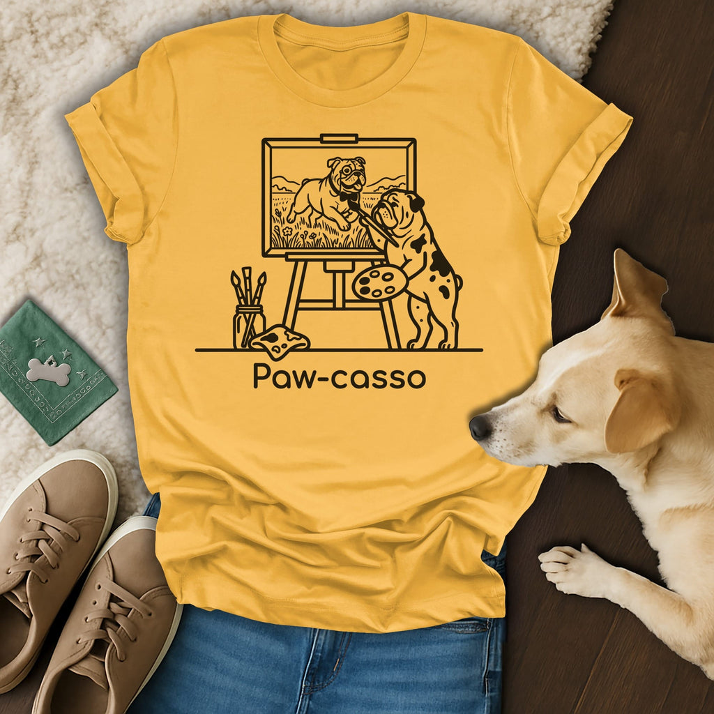 Bulldog paints a landscape scene on an easel, text "Paw-casso".