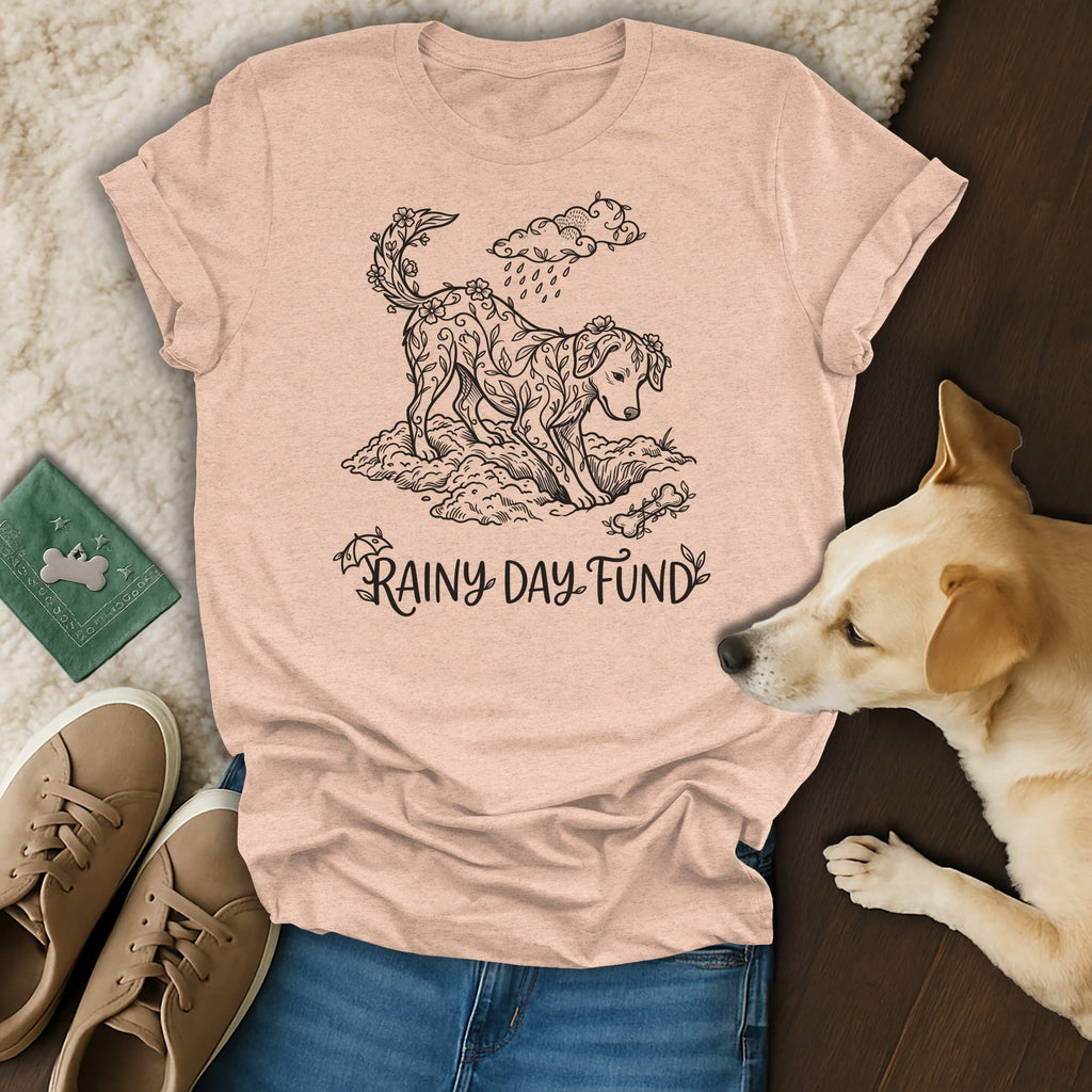 Light pink t-shirt with a floral dog design and "Rainy Day Fund" text.