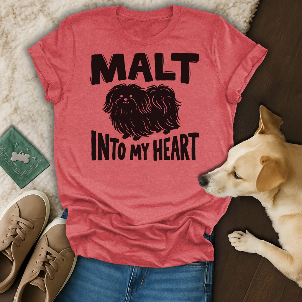 Red t-shirt with "Malt Into My Heart" and a dog illustration.