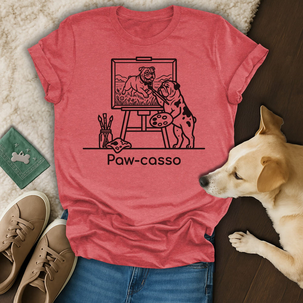T-shirt with a dog painting another dog, with "Paw-casso" text.