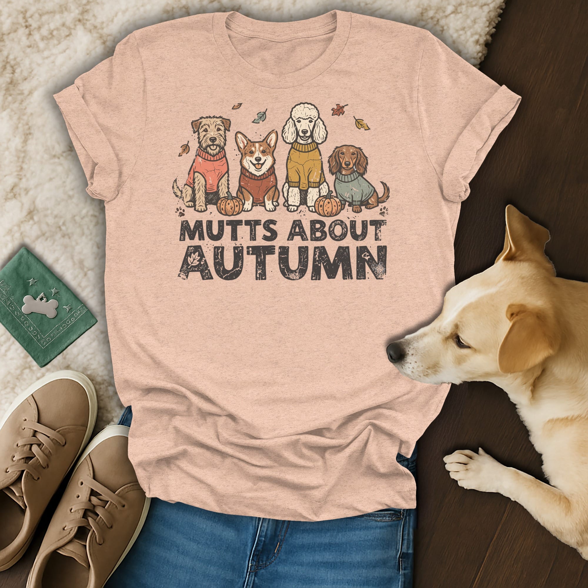 Peach t-shirt with graphic of four dogs and text "MUTTS ABOUT AUTUMN".