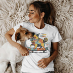 Woman wearing white t-shirt with a dog riding a skateboard graphic.