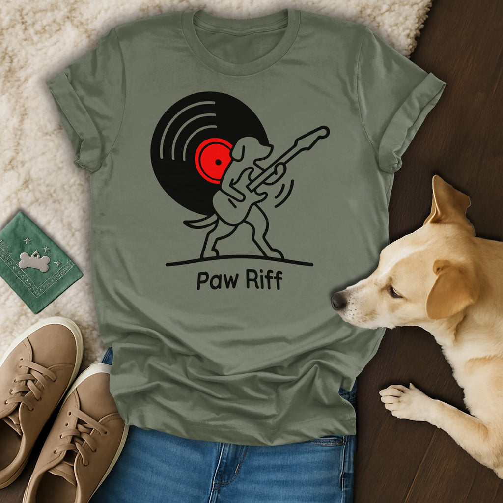 T-shirt with dog playing guitar on vinyl record, "Paw Riff" text.