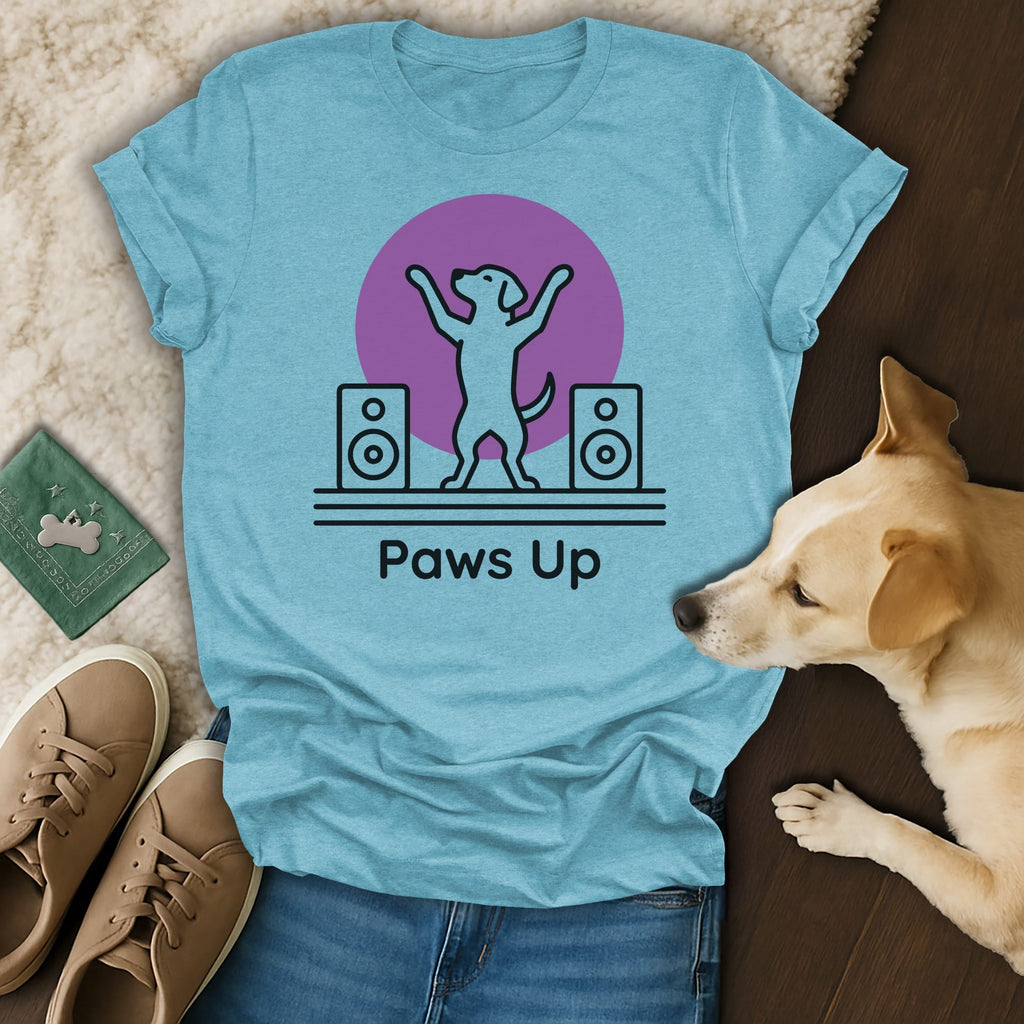 T-shirt with dancing dog graphic and "Paws Up" text.