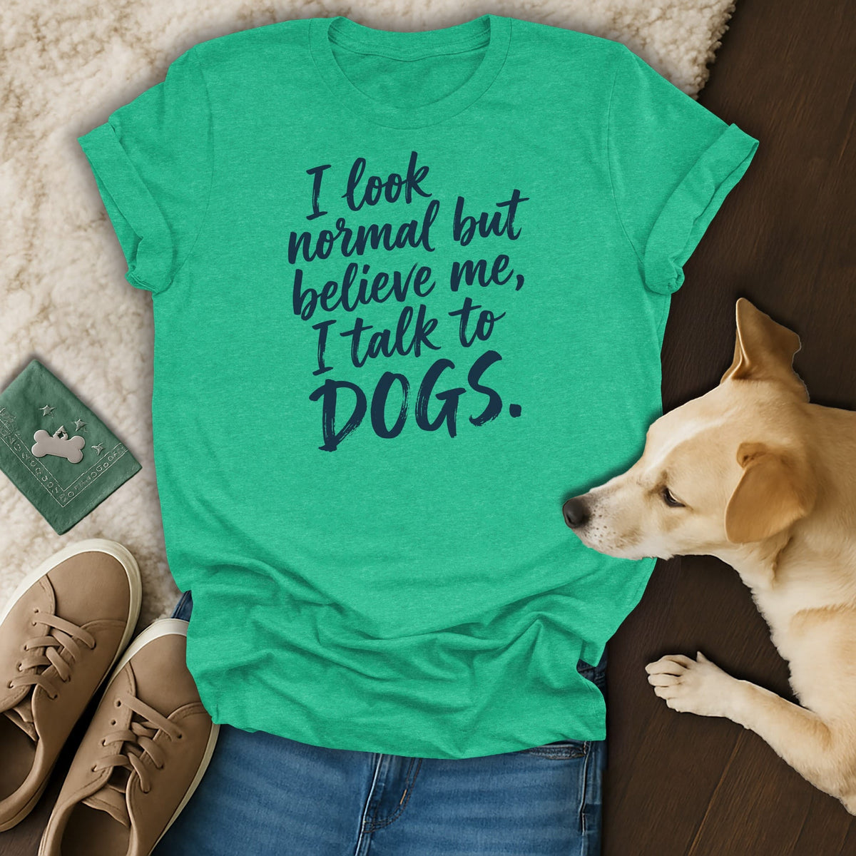 Green t-shirt with text "I look normal but believe me, I talk to DOGS."