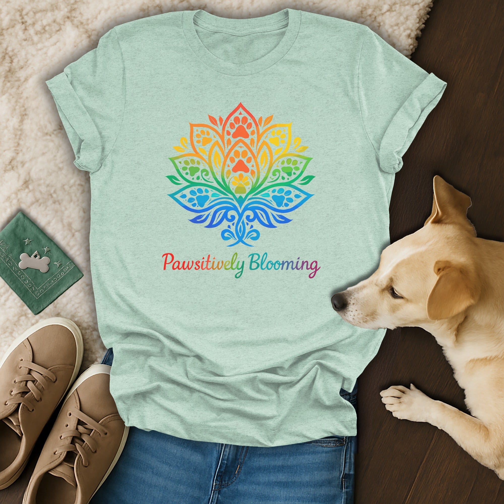 Pawsitively Blooming Rainbow Design T-Shirt