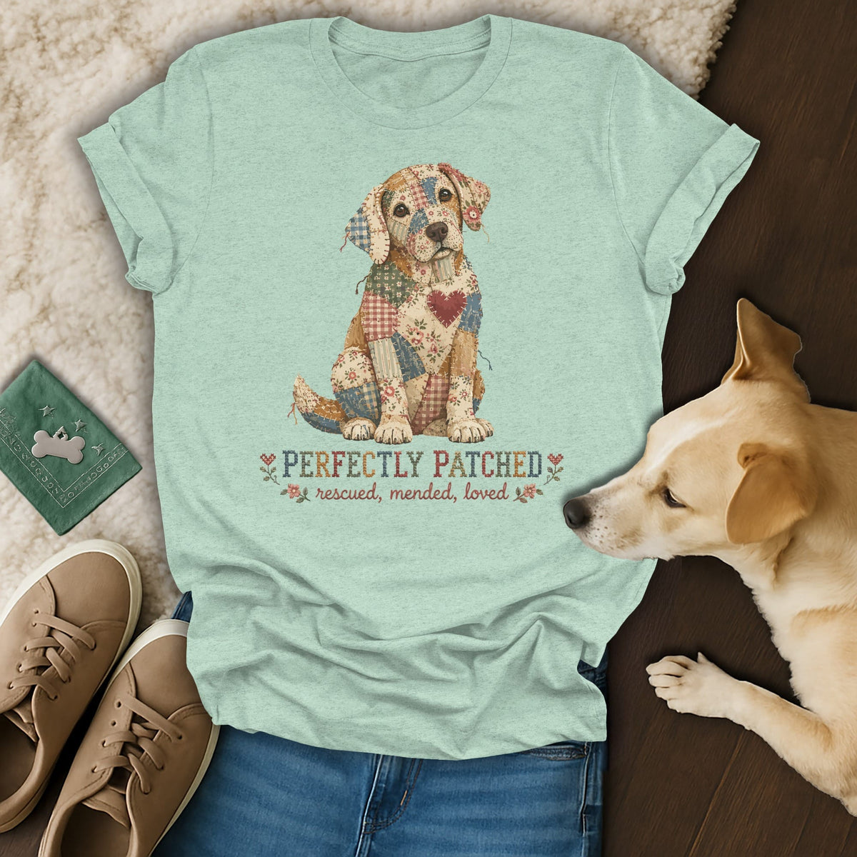 Light green t-shirt with a patchwork dog graphic and text reading Perfectly Patched rescued, mended, loved.