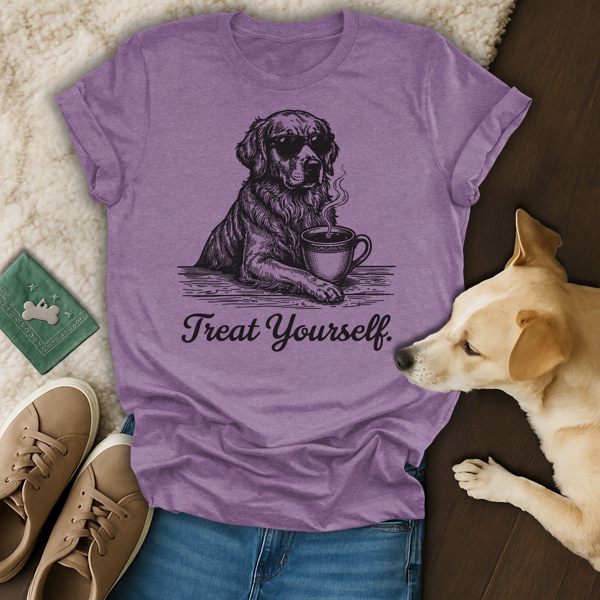 Treat Yourself Dog Coffee Sunglasses Purple T-Shirt
Golden Retriever, Dog Lover, Coffee Lover, Treat Yourself, Dog Mom Gift, Dog Dad Gift, Puppy Love, Canine Companion, Sunglasses Pup, Cool Canine, Pet Parent, Animal Print, Purple Graphic, Lavender Apparel, Funny Pet, Cute Pet, Graphic TShirt, Dog Owner, Dog Life Style, Morning Coffee