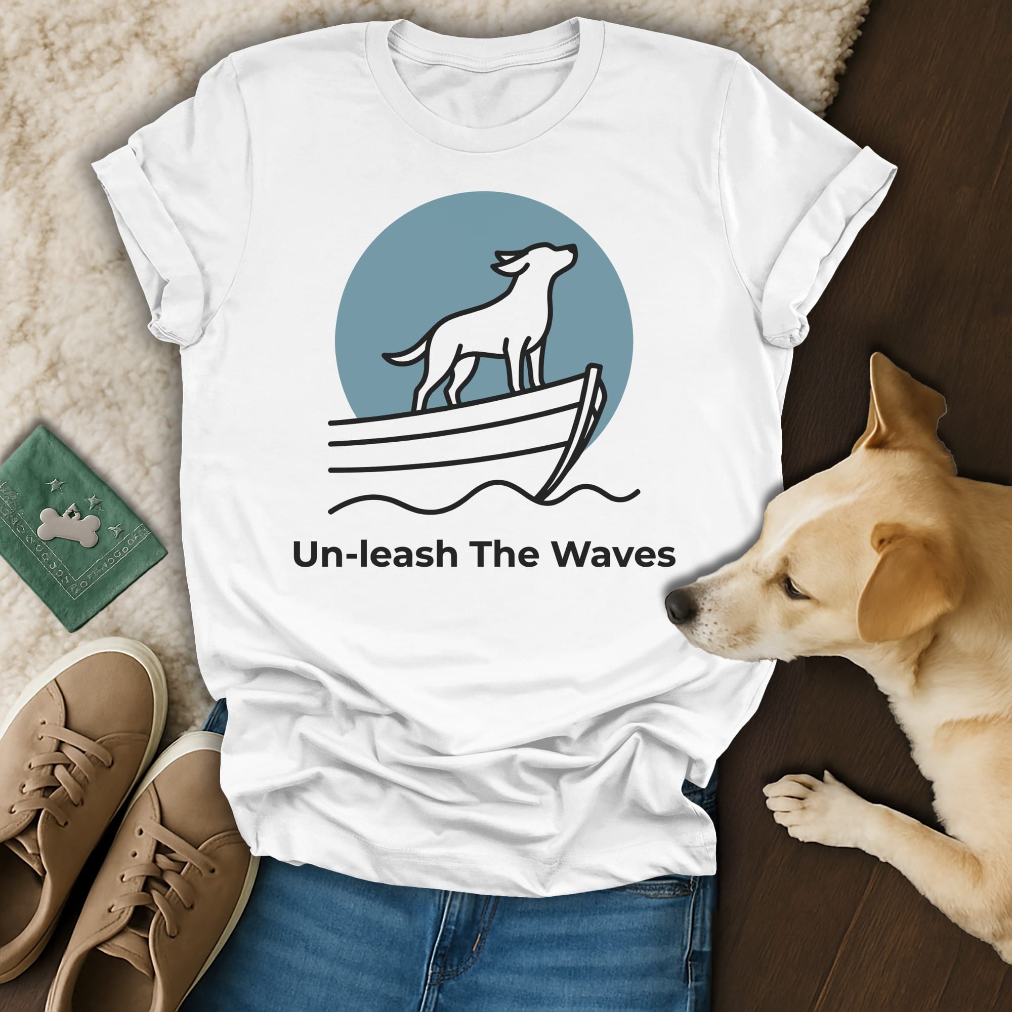 White t-shirt with dog on boat graphic and "Un-leash The Waves" text.