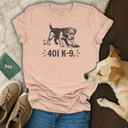 Peach t-shirt with a dog digging a bone and text "401 K-9."