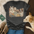 Charcoal t-shirt with watercolor-style print of four dogs, including husky and bulldog.