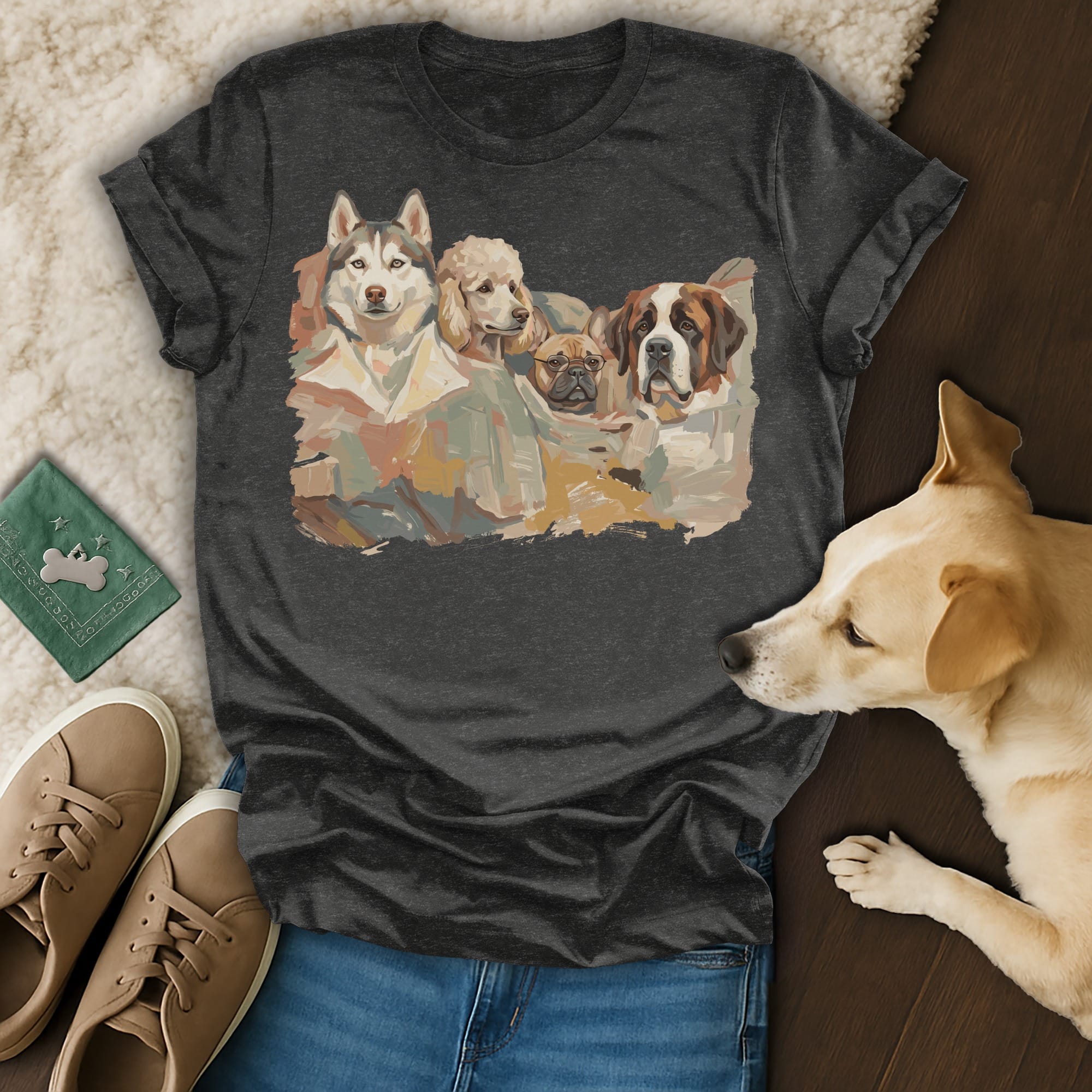 Charcoal t-shirt with watercolor-style print of four dogs, including husky and bulldog.