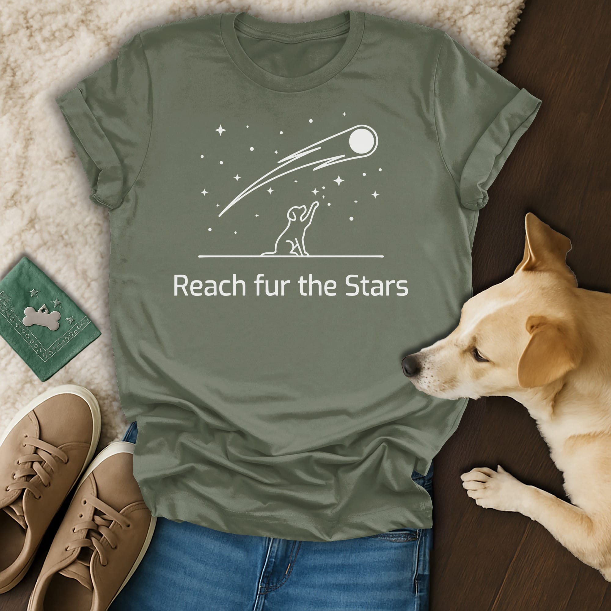 Green t-shirt with "Reach fur the Stars" text and shooting star graphic.