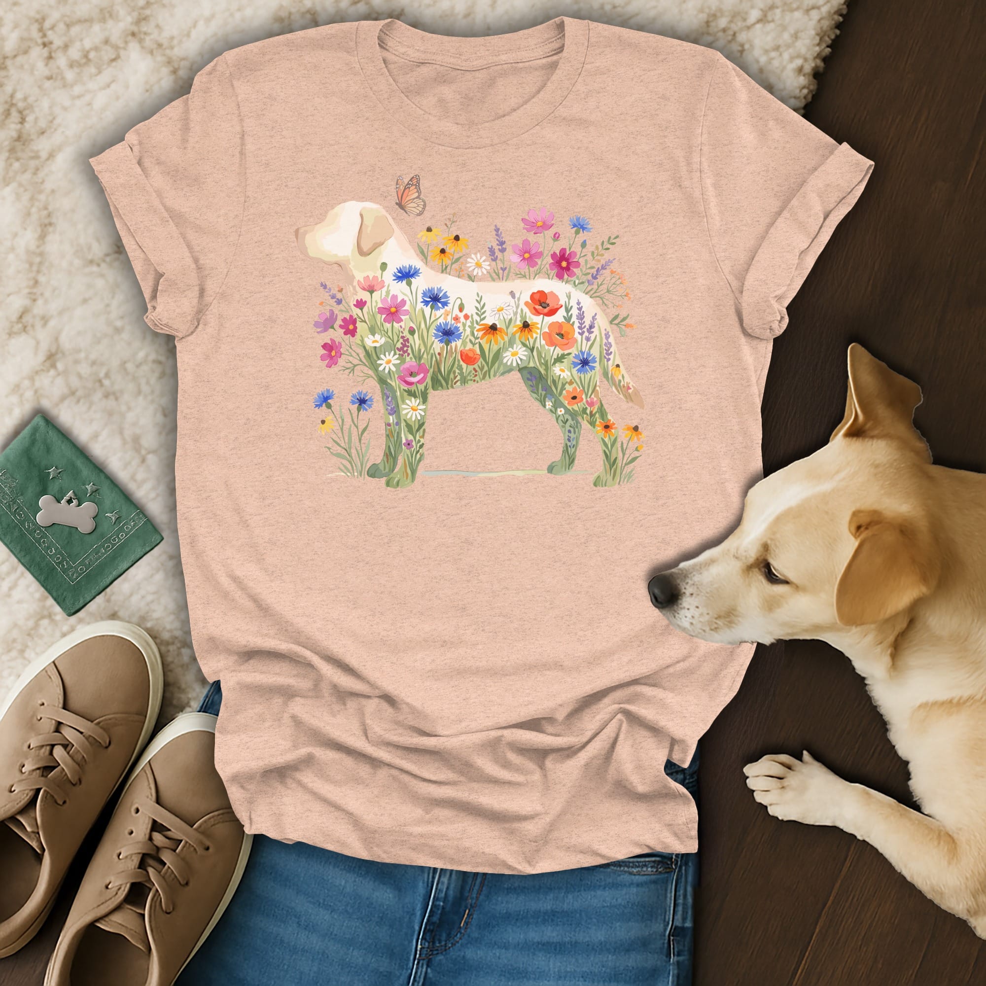 Peach t-shirt with a labrador silhouette filled with colorful flowers and a butterfly.