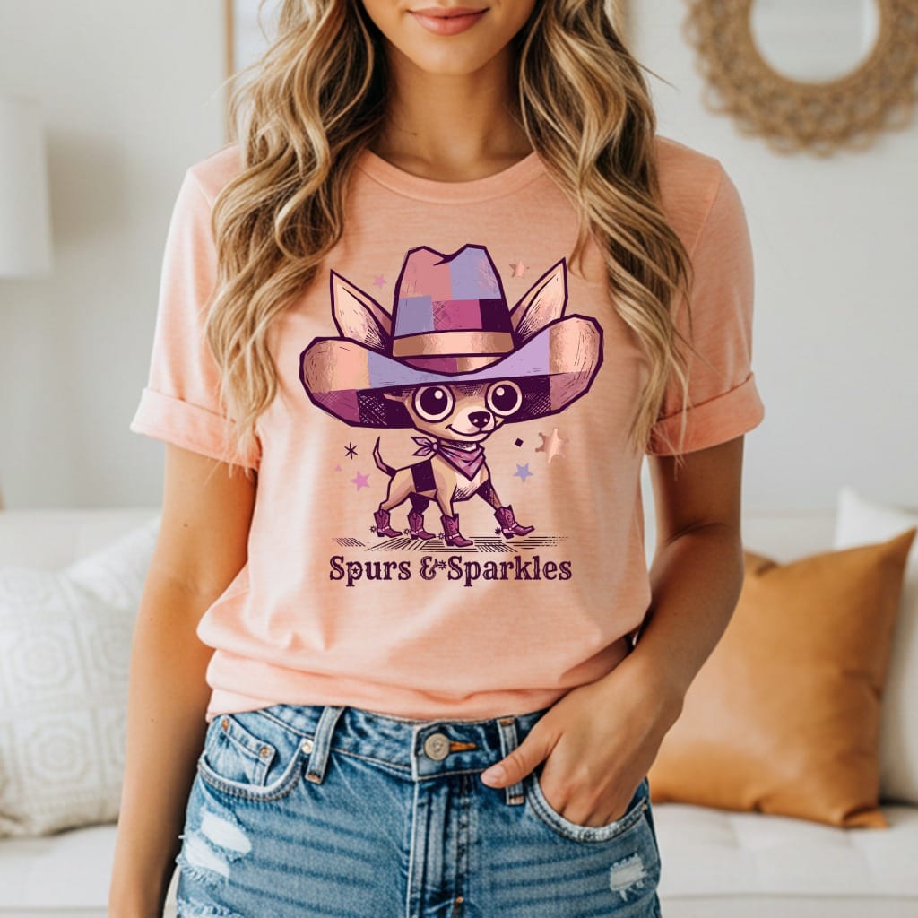Chihuahua wearing a cowboy hat and boots, with text "Spurs & Sparkles."