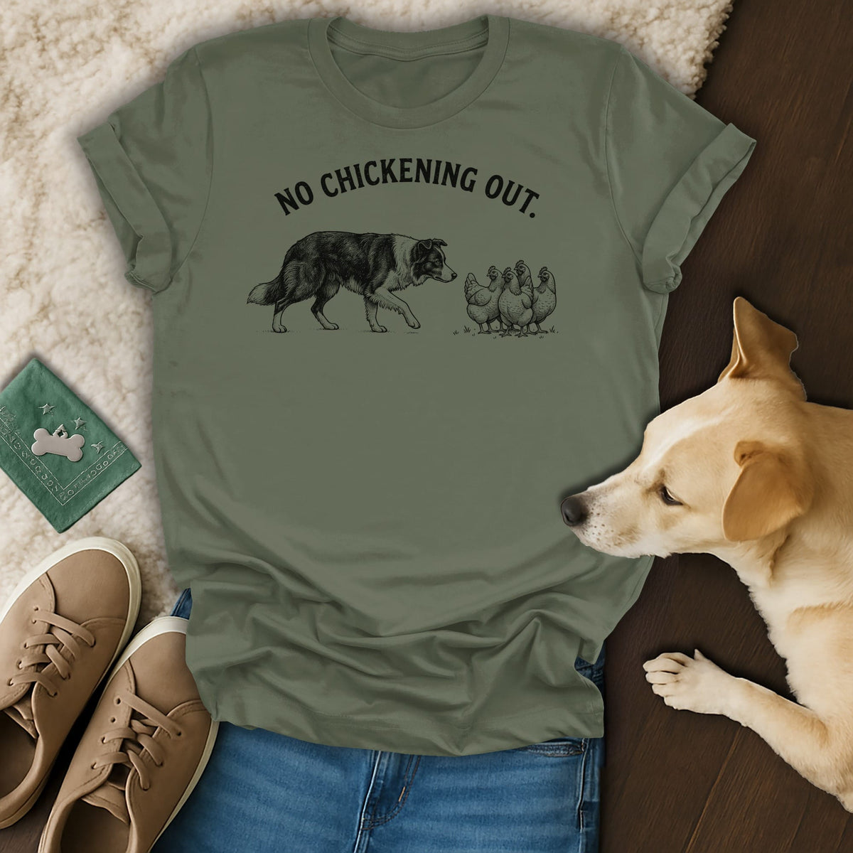 Olive green t-shirt with a border collie and chickens graphic and "No Chickening Out" text.