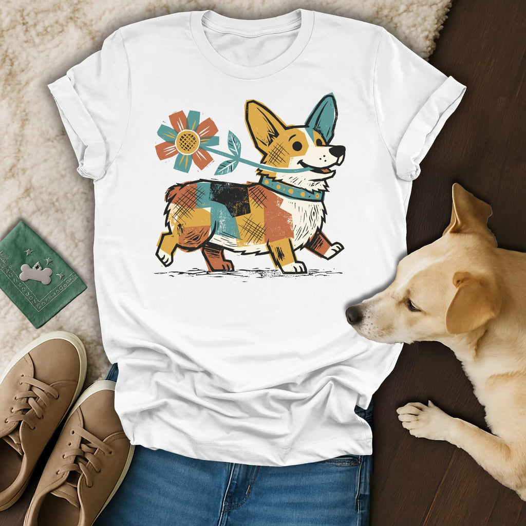 Corgi wearing a collar and holding a flower with a patchwork body.