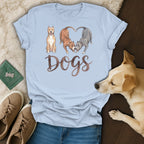 Light blue t-shirt with "I Dogs" text and three pitbull illustrations, tails forming a heart.