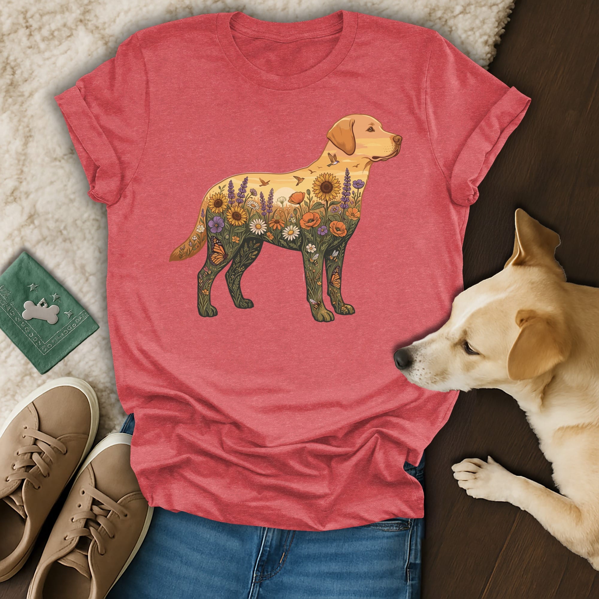 Labrador dog silhouette filled with colorful wildflowers and butterflies.