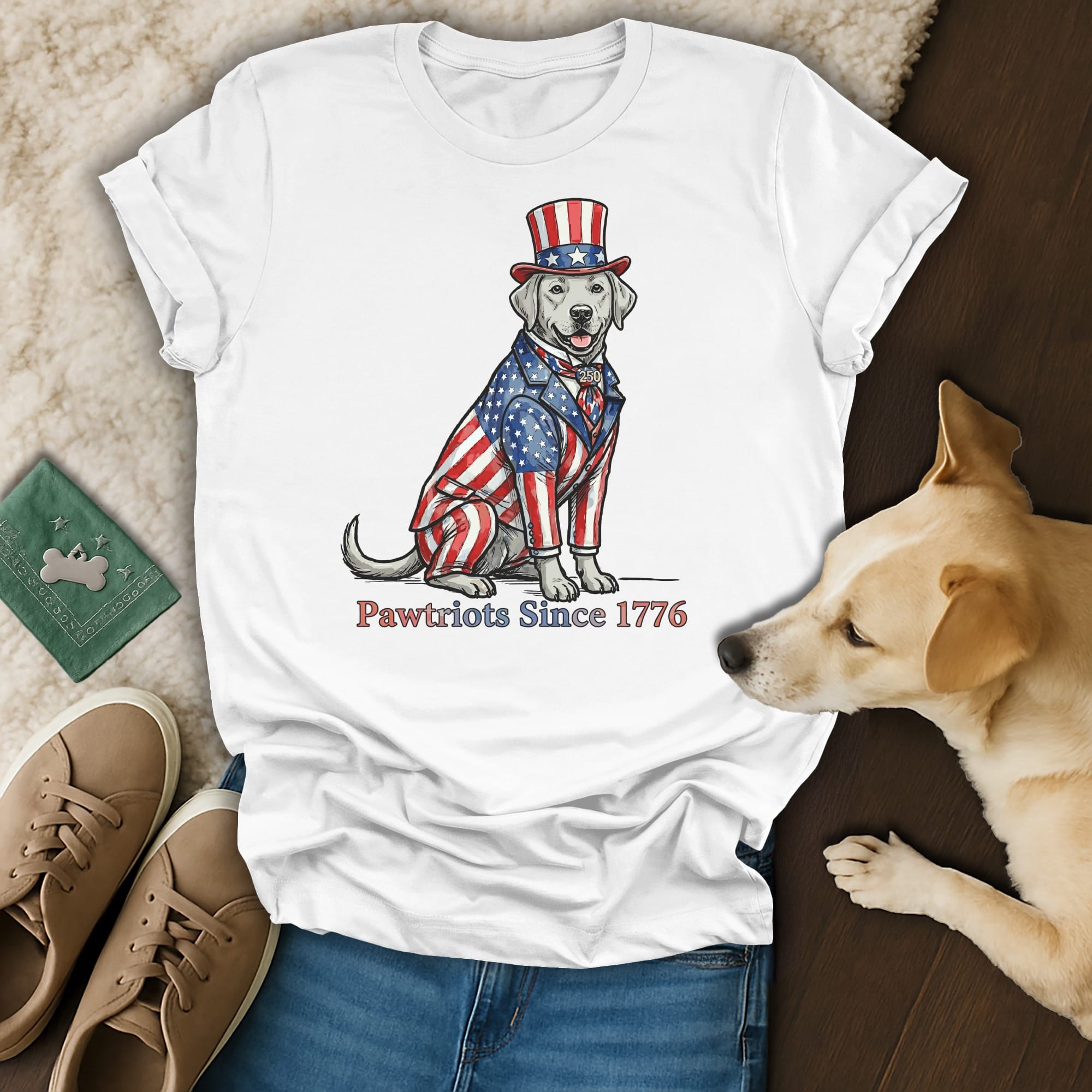 Dog wearing patriotic suit and hat with text "Pawtriots Since 1776".