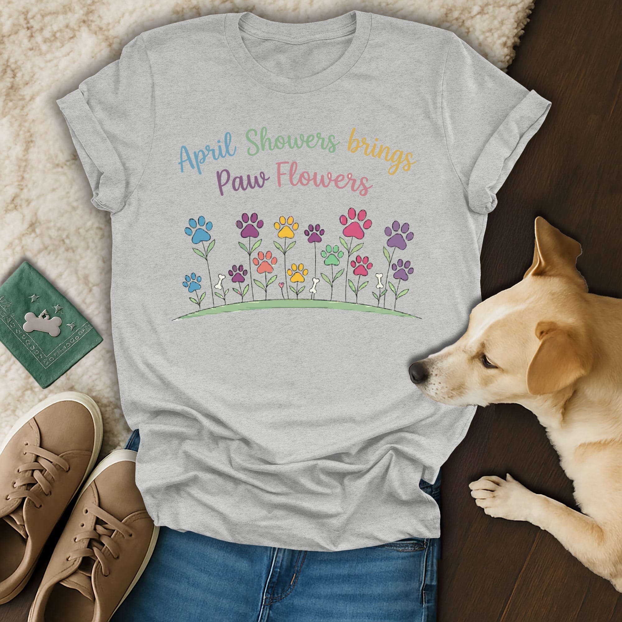 Gray t-shirt with "April Showers Bring Paw Flowers" text and floral paw print design.