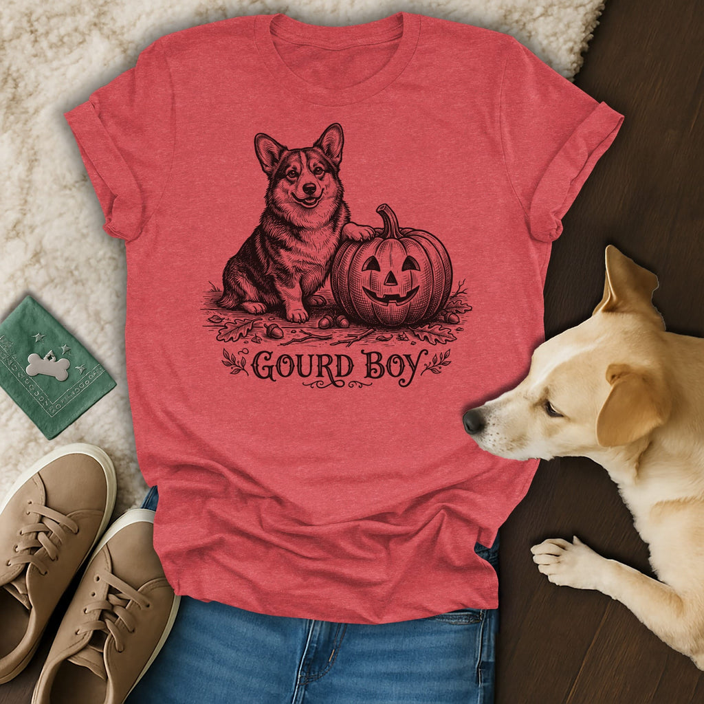 Red t-shirt with a drawing of a corgi and jack-o-lantern, reads "Gourd Boy".