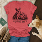 Red t-shirt with a drawing of a corgi and jack-o-lantern, reads "Gourd Boy".